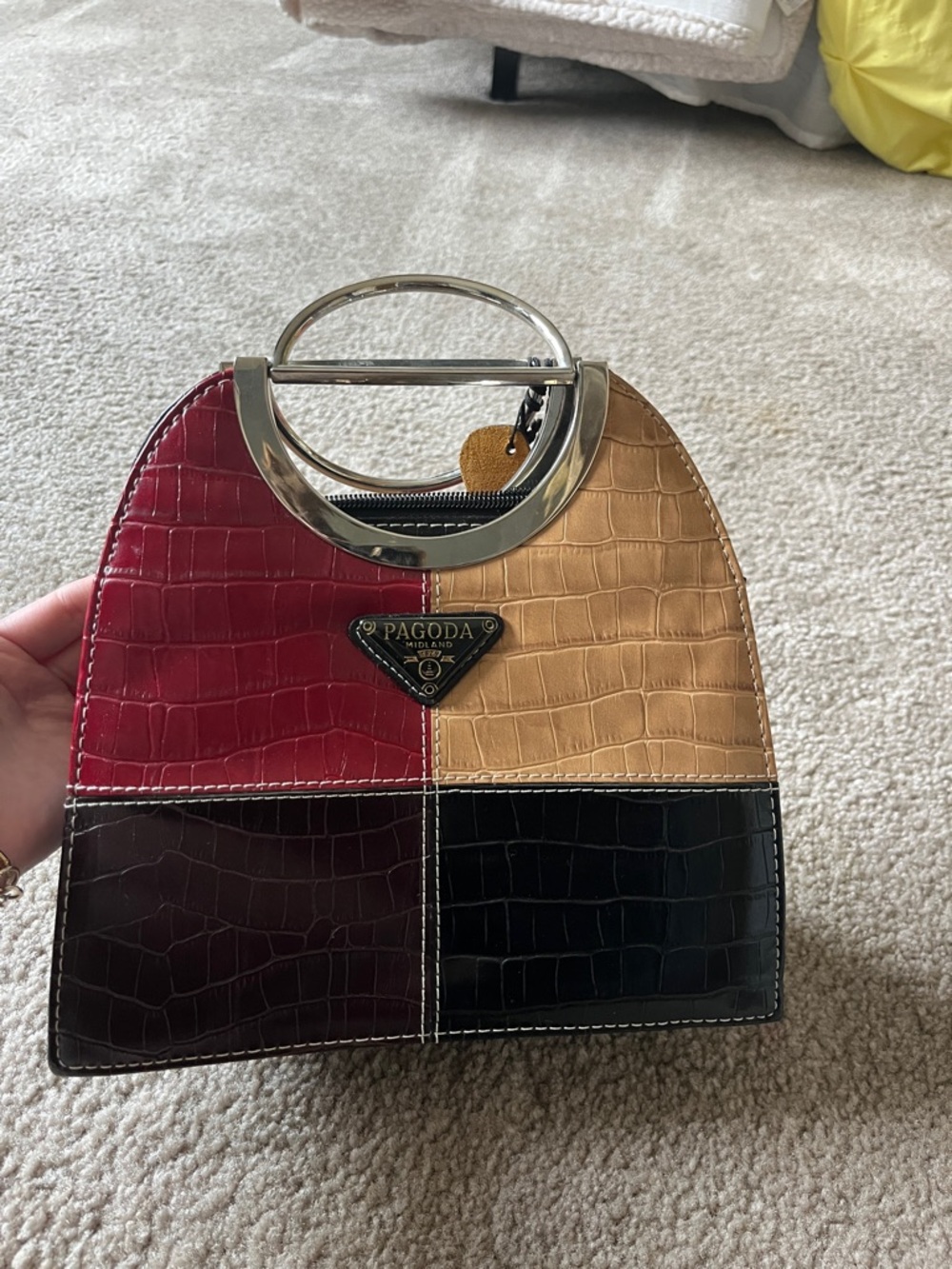 Colorblock Croc-Embossed Top Handle Bag in Burgundy, Tan & Black